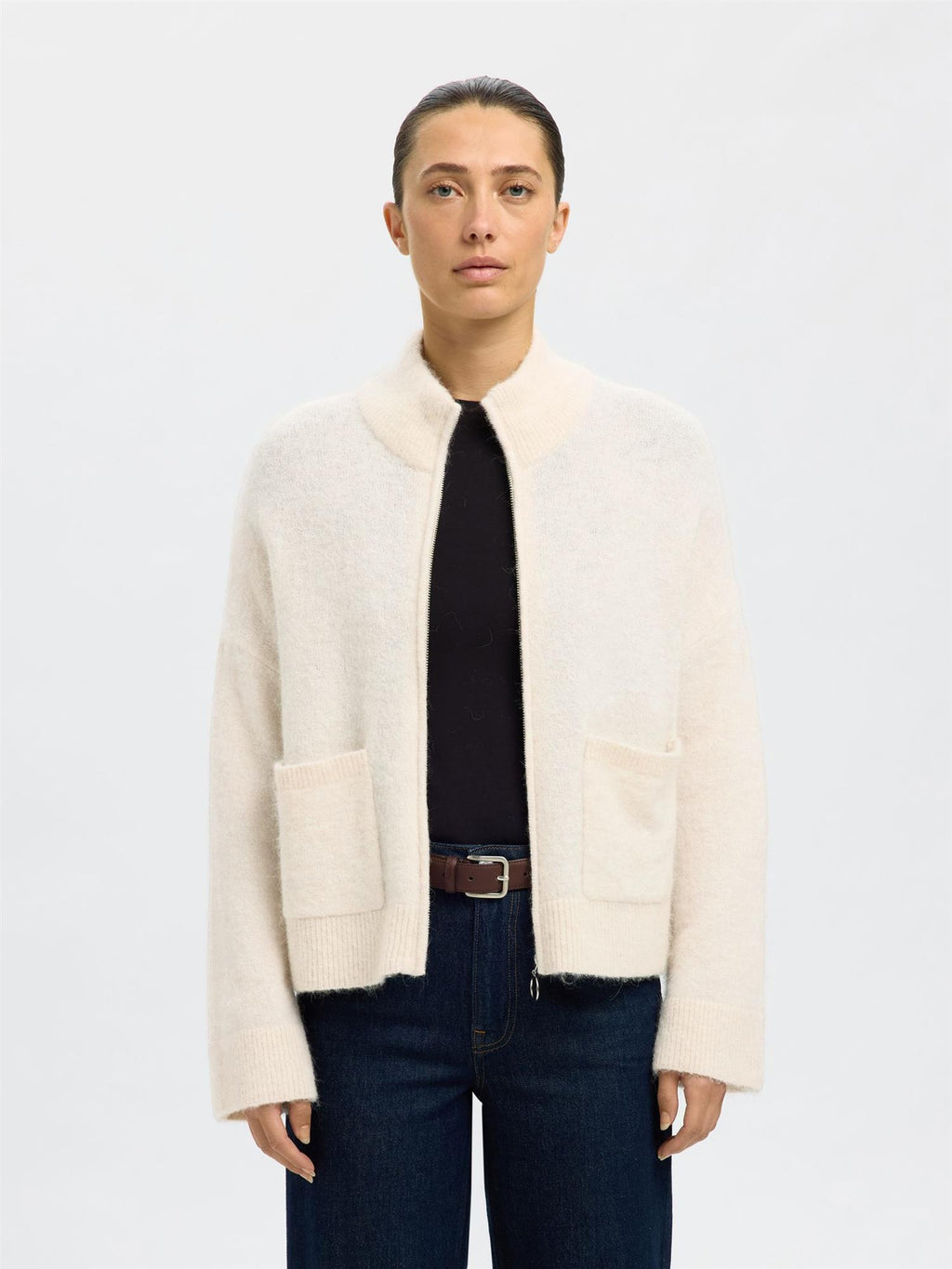 SLFSia Ras Knit Zipper Cardigan-birch